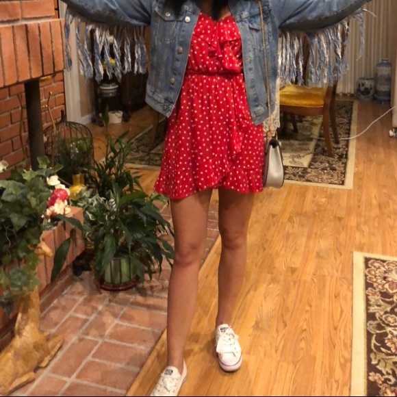 DOLLS KILL Miley & Molly Red Polka Dot Mini Faux Wrap Dress - Picture 4 of 5